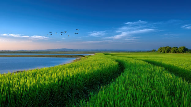 Vibrant green rice fields meet blue waters and sky under a flock of birds in this peaceful rural landscape photo