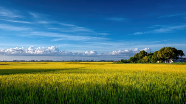 Lush golden rice field under a bright blue sky with clouds a serene agricultural landscape symbolizing harvest season photo
