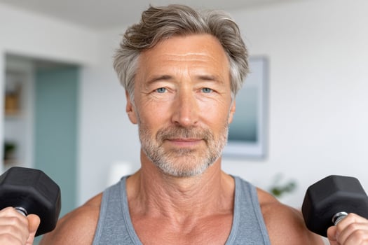 Portrait of a determined mature man lifting dumbbells during his home workout. A picture of fitness, strength training, and healt photo