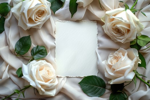 Elegant cream roses and a blank paper note on a sheer fabric. photo