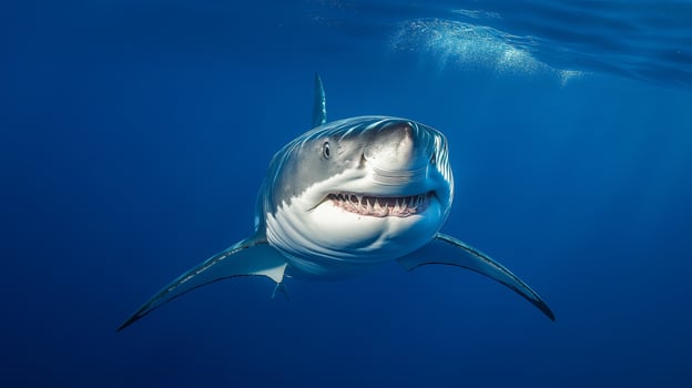 A great white shark glides through the clear blue waters, showcasing its powerful presence. photo