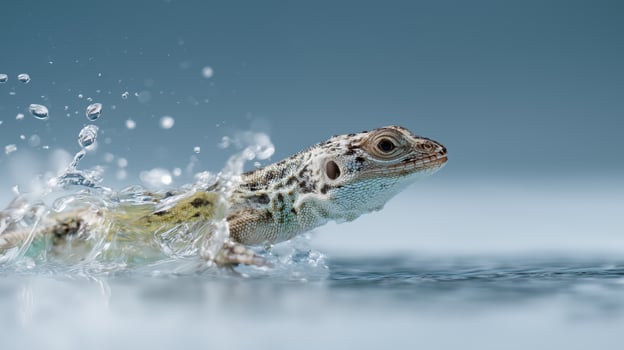A lizard is swimming energetically in water, creating splashes around it on a clear day. photo