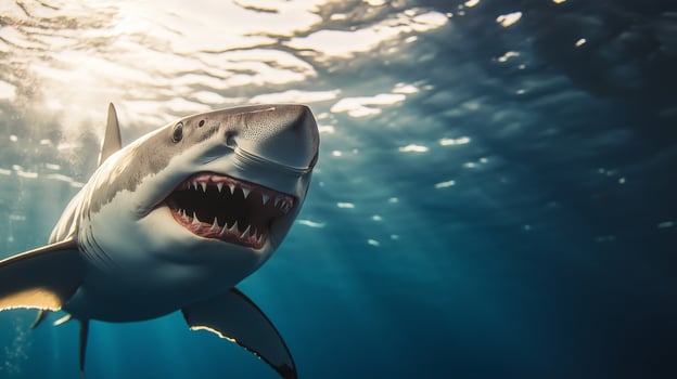 A great white shark glides through shimmering waters, showcasing its majesty and sharp teeth. photo