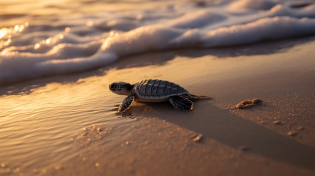 A baby turtle crawls on the wet sand towards the ocean as the sun sets on the horizon. photo