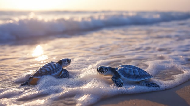 Baby sea turtles crawl toward the ocean during sunset, navigating through gentle waves on the shore. photo