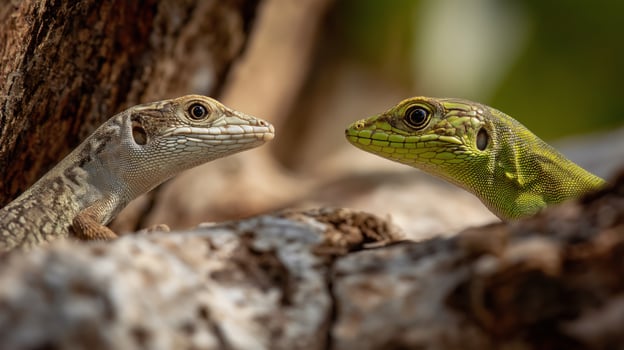 Two distinct lizards face each other on a textured tree branch, surrounded by green leaves. photo