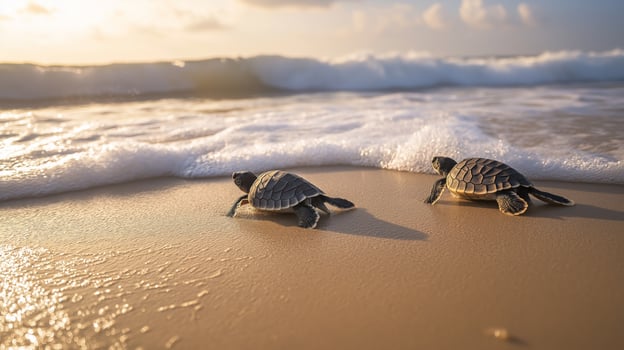 Two baby turtles crawl towards the ocean along a sandy shoreline during sunset. photo