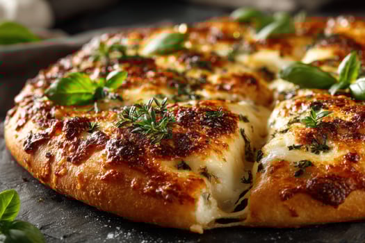 Cheese pizza with melted mozzarella and herbs is sliced and ready to enjoy in a rustic kitchen setting, evoking warmth and comfort photo