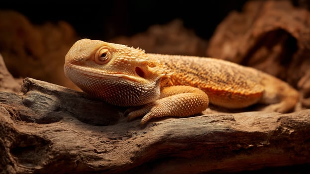 A bearded dragon lounges on a wooden log, basking in the warm light of its terrarium. photo