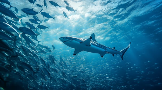 A shark glides gracefully through a school of fish in clear ocean waters, showcasing marine beauty. photo
