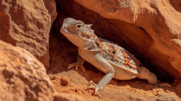 Lizard explores rocky terrain, blending into the desert environment under bright sunlight. photo