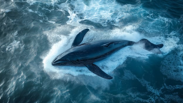 A massive whale navigates through turquoise waters, creating splashes as it moves gracefully. photo