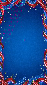 Bright Red and Blue Ribbons With Golden Stars Against a Blue Background for Festive Occasions. photo