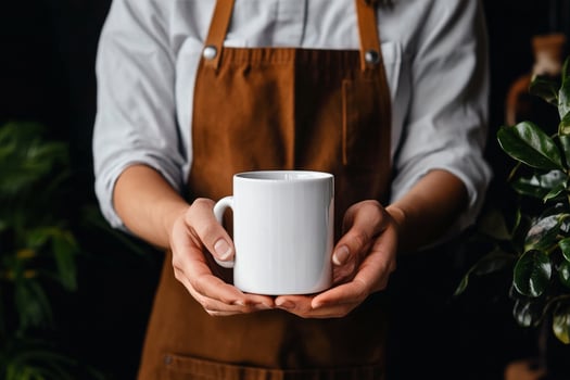 Barista Serves a Fresh Cup of Coffee in a Cozy Cafe Setting With Plants photo