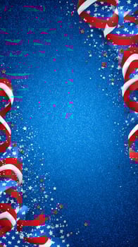Festive Blue Background With Red and White Ribbons and Stars for Celebration. photo