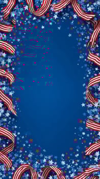 Festive Blue Background With Red and White Ribbons and Stars for Celebration photo