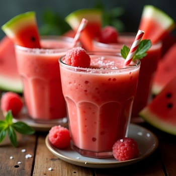 Refreshing Watermelon Raspberry Smoothie with Striped Straw photo