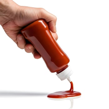 A hand pouring ketchup into a bottle photo
