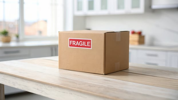 Delivery courier logistics ecommerce shipping. Cardboard box fragile shipping delivery package label table kitchen home photo