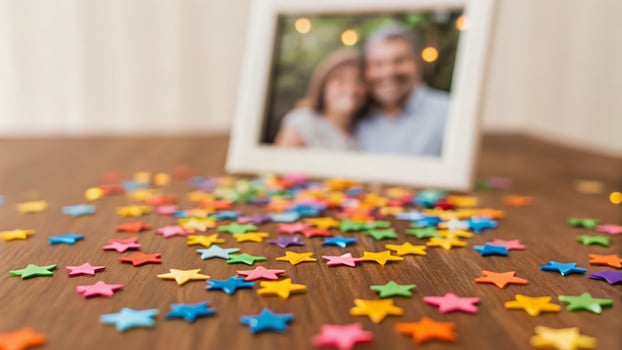 Independence day celebration. Colorful star confetti scattered wooden table with blurred couple photo frame, family gathering holiday, 4th july
