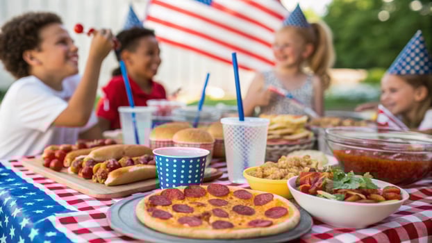 Independence day celebration. Children American flag pizza hot dog hamburger outdoor party summer celebration, family gathering holiday, 4th july photo
