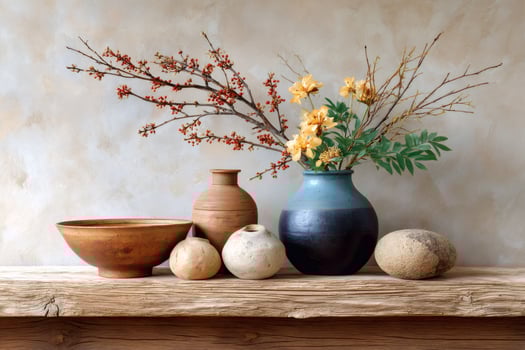 Yellow flowers and red berries decorating rustic wooden shelf with ceramic vases and stones photo