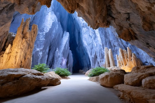 Illuminated path winding through stunning rock formations in a cave photo