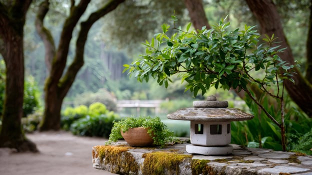 Japanese stone lantern and bonsai tree decorating a zen garden photo