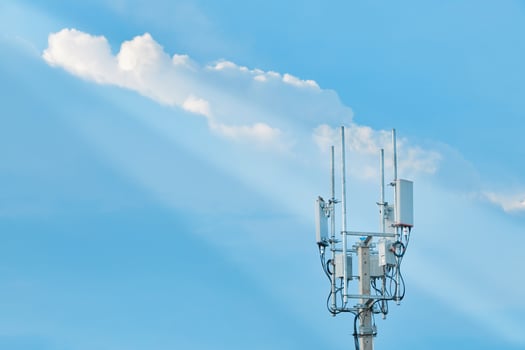 Antenna and Transceiver 5G, 4G on blue sky with cloud background. photo