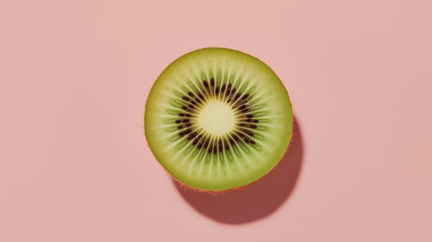 A sliced kiwi reveals its bright green inside and seeds on a soft pink background. photo