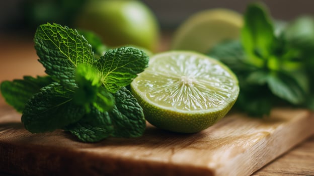 Fresh mint and lime segments are positioned on a wooden cutting board, creating a vibrant display. photo