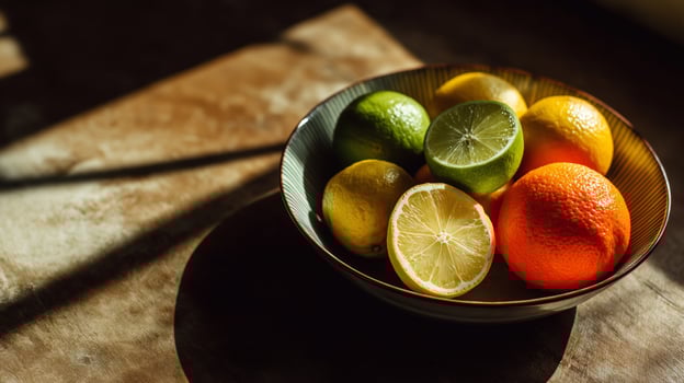 Sunlit bowl of freshly picked lemons, limes, and oranges shines with vibrant citrus colors. photo