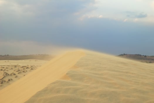Sand Dune Landscape Under a Dramatic Sky, Beauty of Nature in Motion. Mui Ne, Vietnam, White Dunes. photo