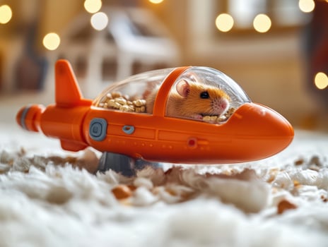 A hamster in a toy airplane on a white rug photo