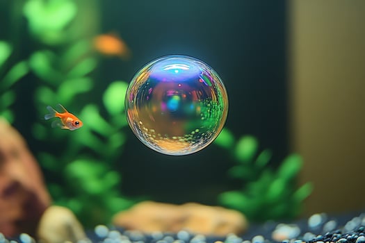 A bubble floating in an aquarium with a fish photo