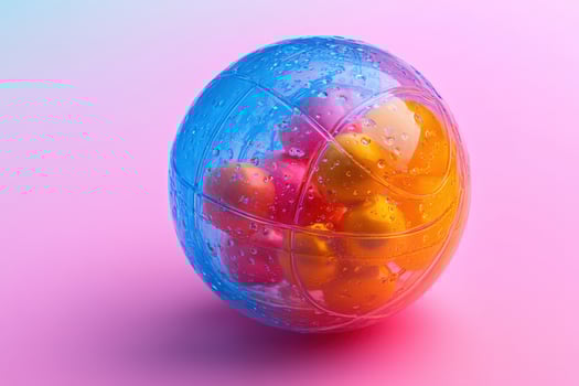 A colorful plastic sphere with a bunch of colorful eggs inside photo