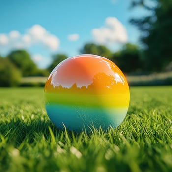 A colorful ball sitting on the grass photo