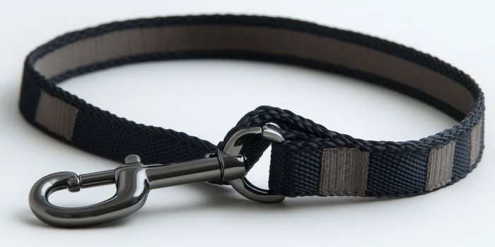 A black and grey dog leash with a metal hook photo