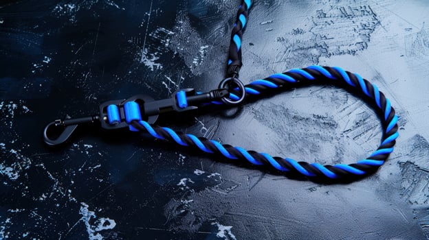A blue and black rope with a black hook photo