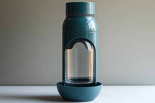 A blue water bottle with a glass top photo