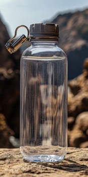 A clear plastic water bottle sitting on a rock photo