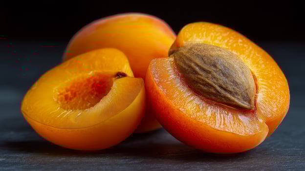 Juicy apricots, halved to reveal bright orange flesh and a central pit, showcase freshness. photo