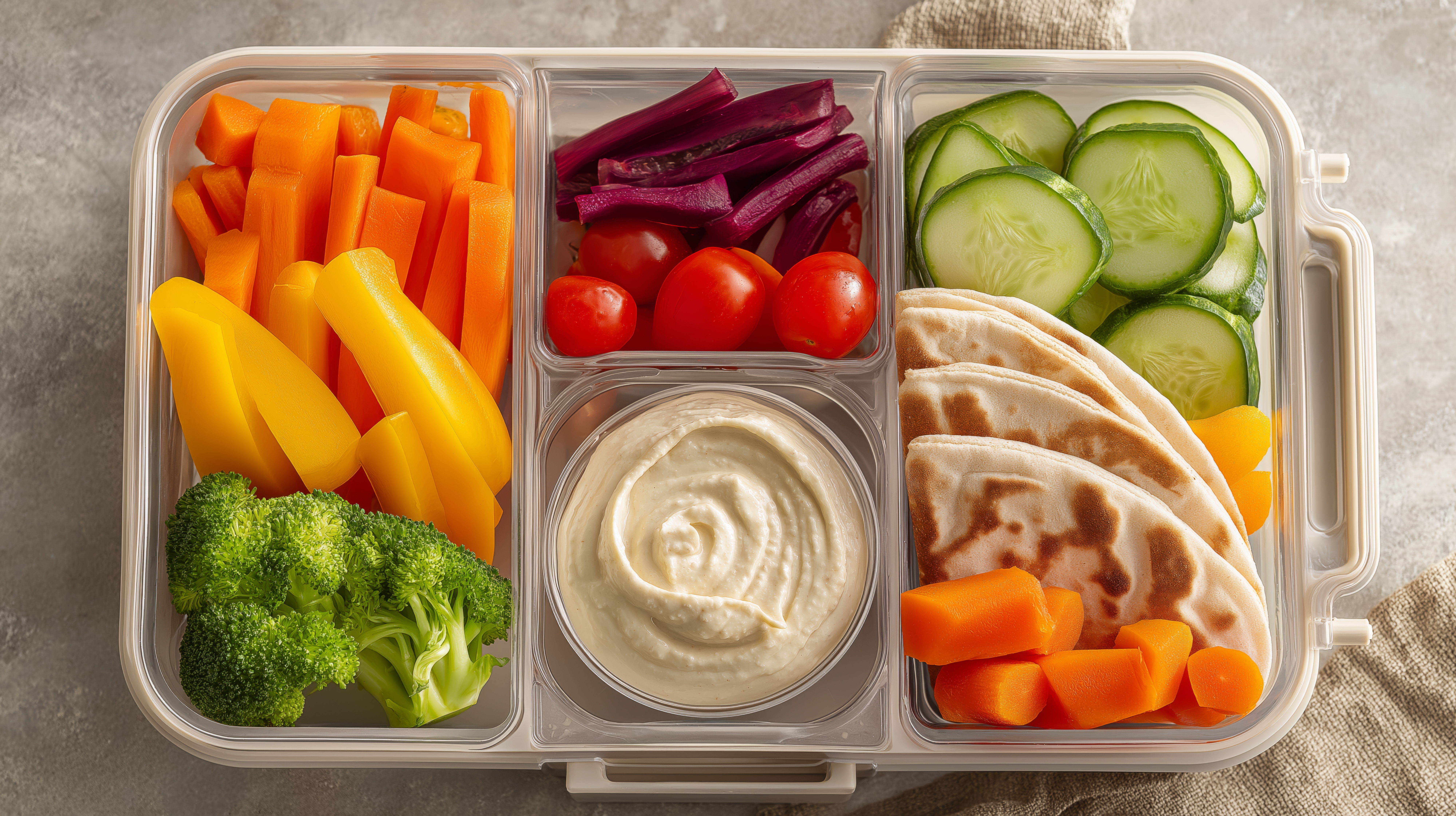 Nutritious veggies and pita with creamy hummus in a lunch container. photo