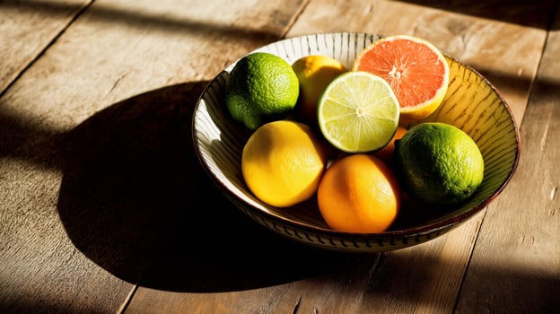 A vibrant assortment of citrus fruits fills a bowl on a rustic wooden table, basking in sunlight. photo