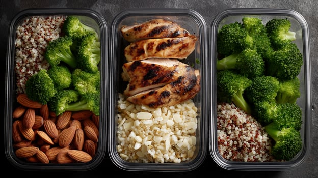Meal prep displays grilled chicken, quinoa, broccoli, and almonds arranged in containers. photo
