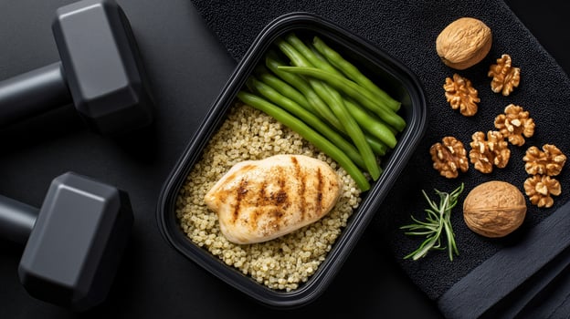 Grilled chicken breast is served with quinoa, green beans, and walnuts next to workout equipment. photo