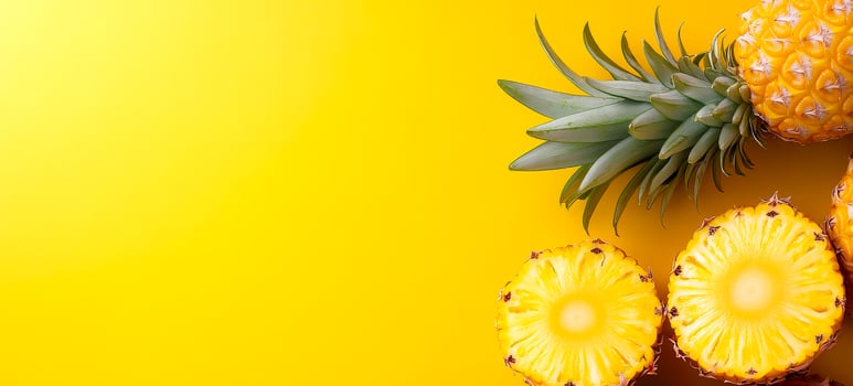 Pineapple halves on bright bg. Fresh pineapple halves sit on a vibrant yellow background, showcasing their sweet, juicy interior and green crown. photo