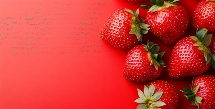 Strawberries on red background. Juicy strawberries arranged on a vivid red surface, showcasing their bright color and natural shine. photo