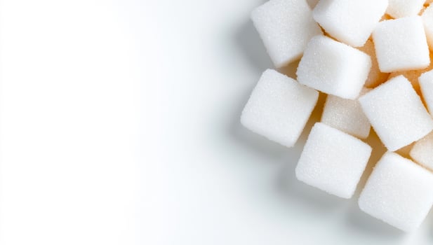 Sugar cubes on white bg. Several white sugar cubes are neatly arranged on a smooth, white surface, showcasing their geometric shapes. photo