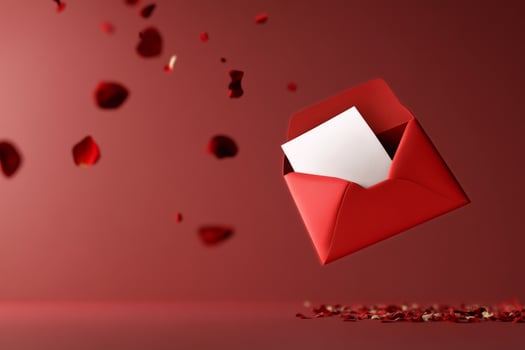Flying Red Envelope With Blank Card Surrounded by Rose Petals on a Red Background photo